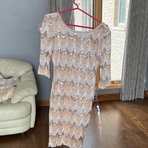 Crystal Doll Sequin Wave Pattern Dress in Cream and Silver